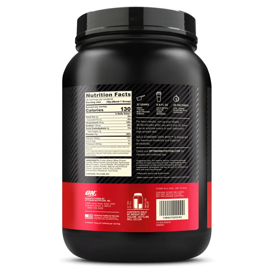 Optimum Nutrition Gold Standard 100% Whey Protein Mocha Cappuccino 2 lb with 24g Protein & 5.5g BCAAs for Muscle Growth, Recovery & Performance