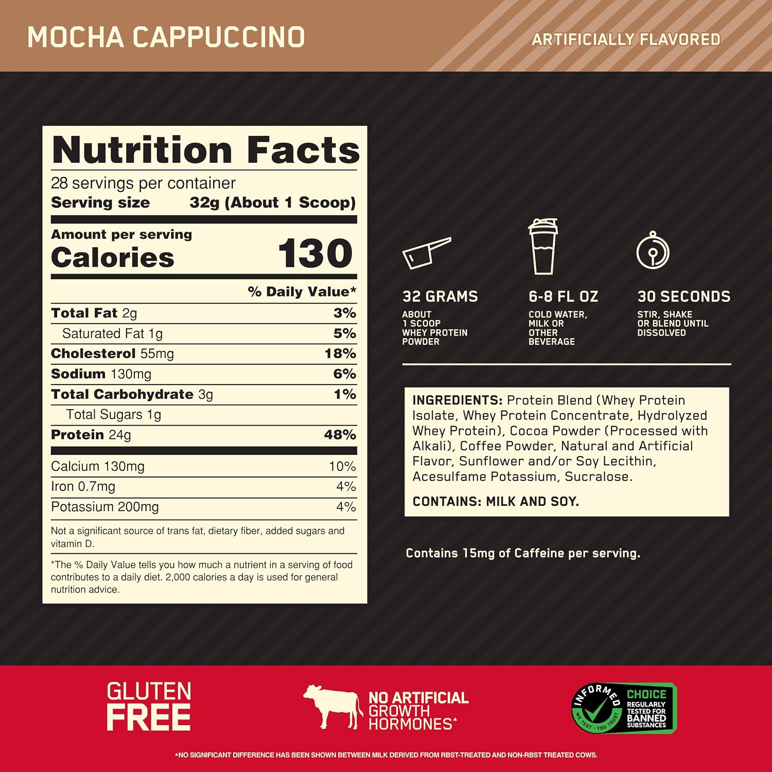 Optimum Nutrition Gold Standard 100% Whey Protein Mocha Cappuccino 2 lb with 24g Protein & 5.5g BCAAs for Muscle Growth, Recovery & Performance
