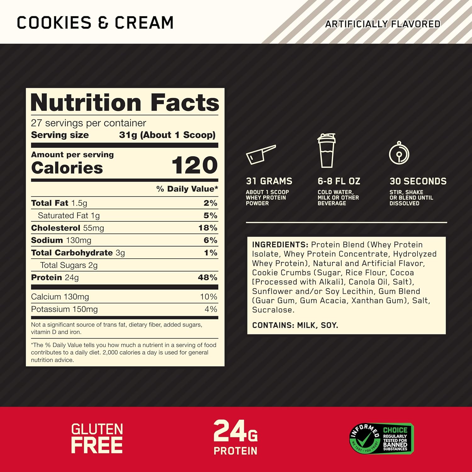 Optimum Nutrition Gold Standard 100% Whey Protein Cookies & Cream 2lb with 24g Protein, 5.5g BCAAs & 4g Glutamine Naturally Occurring