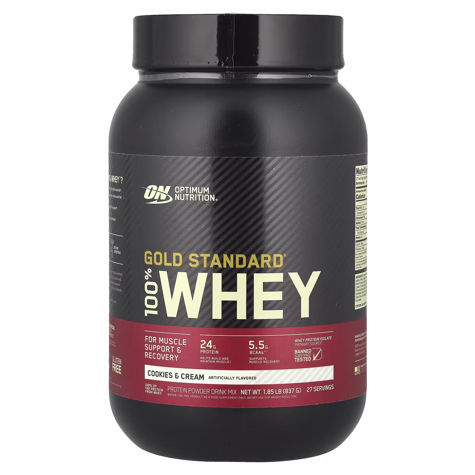 Optimum Nutrition Gold Standard 100% Whey Protein Cookies & Cream 2lb with 24g Protein, 5.5g BCAAs & 4g Glutamine Naturally Occurring