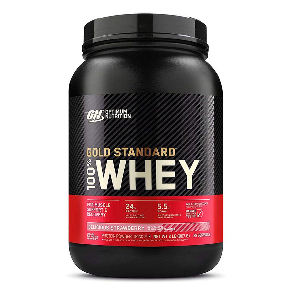 Optimum Nutrition Gold Standard 100% Whey Protein Delicious Strawberry 2lb with 24g Protein, 5.5g BCAAs & 4g Glutamine Naturally Occurring