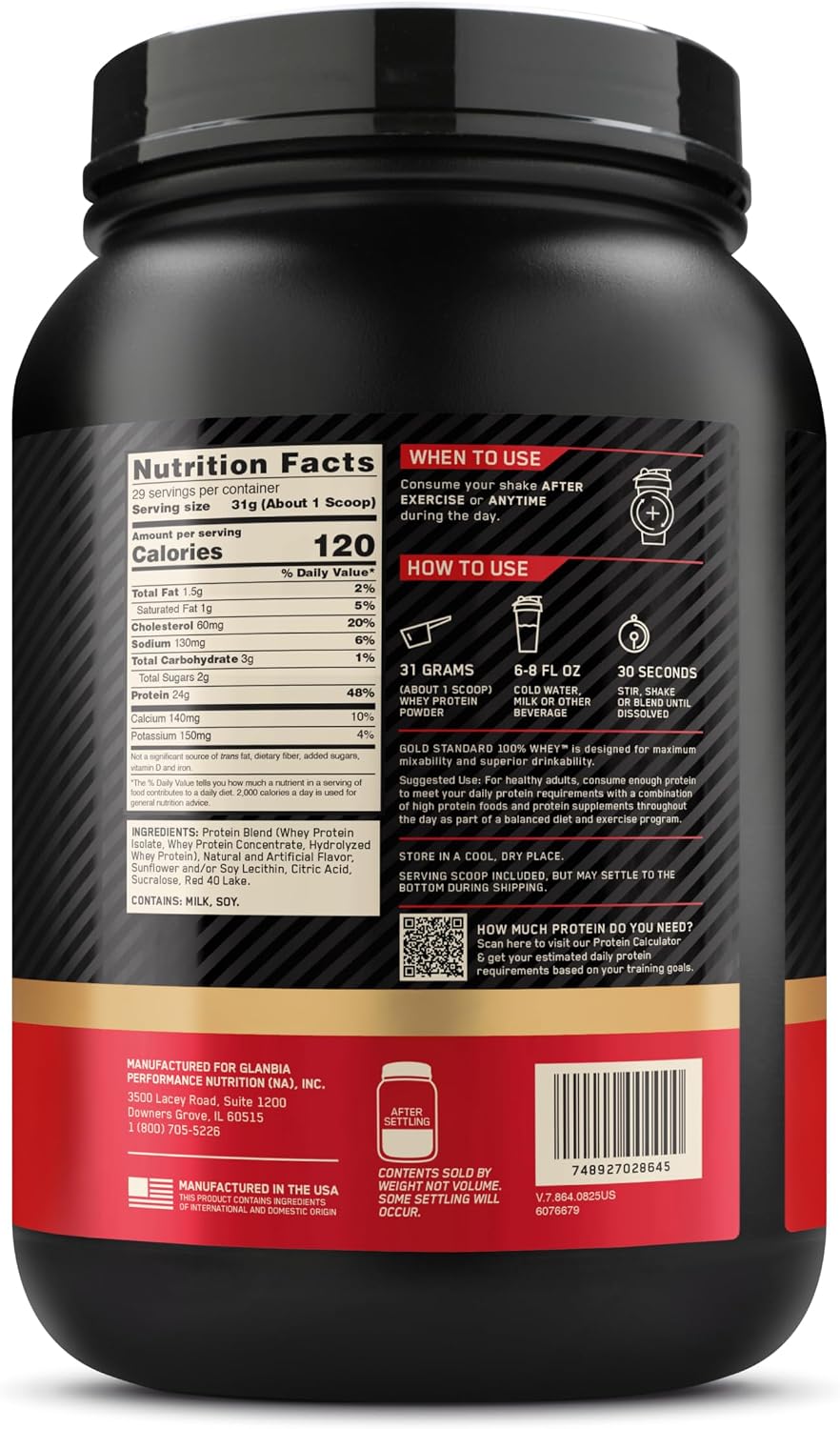 Optimum Nutrition Gold Standard 100% Whey Protein Delicious Strawberry 2lb with 24g Protein, 5.5g BCAAs & 4g Glutamine Naturally Occurring