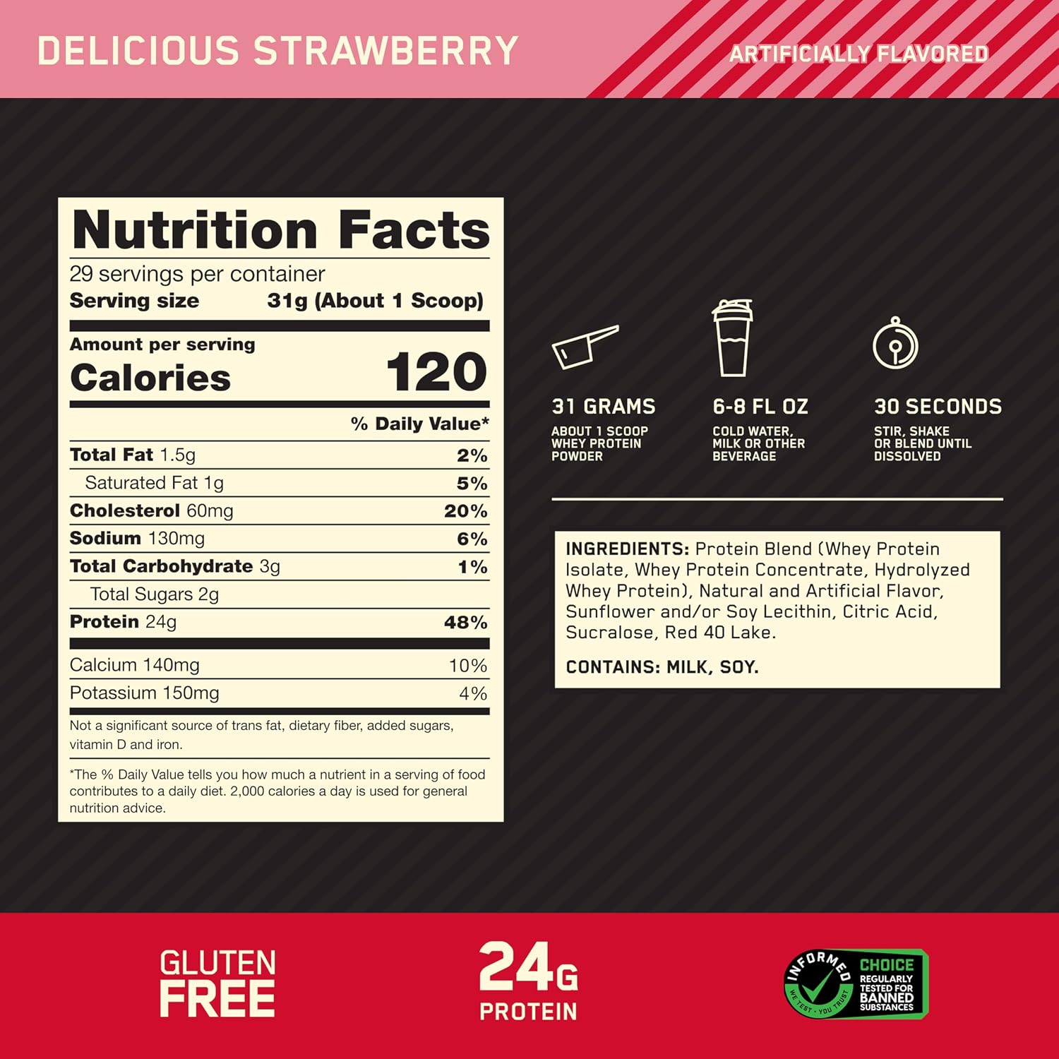 Optimum Nutrition Gold Standard 100% Whey Protein Delicious Strawberry 2lb with 24g Protein, 5.5g BCAAs & 4g Glutamine Naturally Occurring