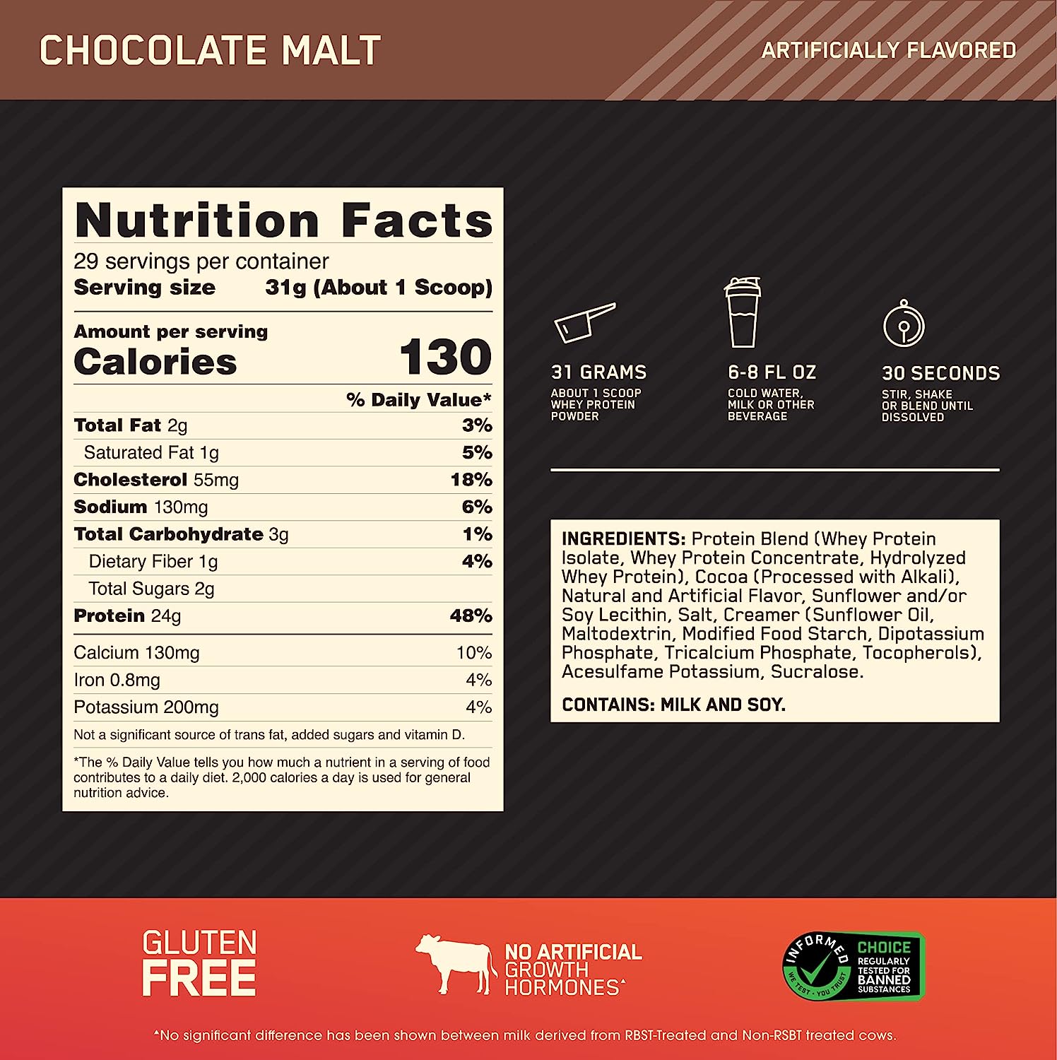Optimum Nutrition Gold Standard 100% Whey Protein, Chocolate Malt, 2 Lb