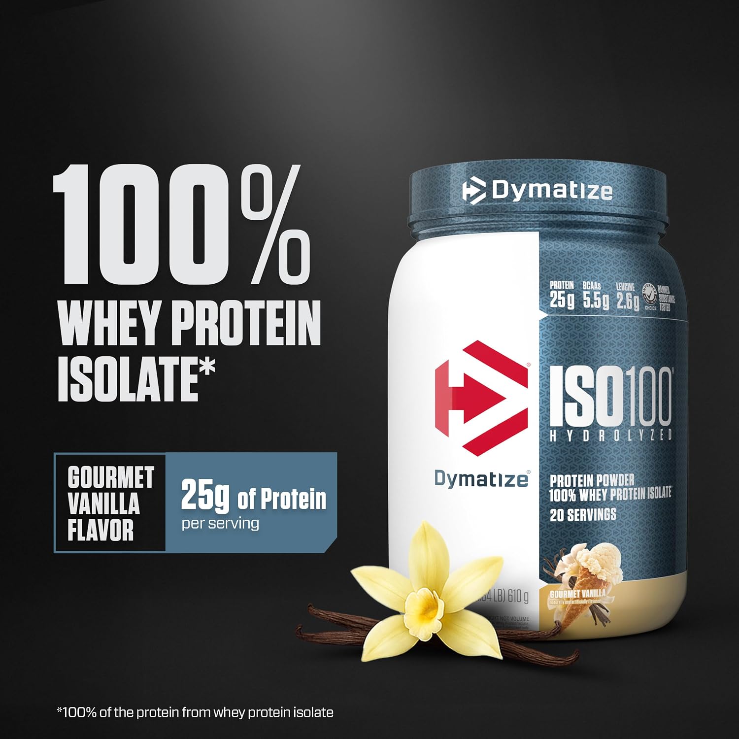 Dymatize ISO100 Hydrolyzed Whey Protein Gourmet Vanilla 20 Servings 1.3 Lb (590 G) - 25g Protein for Muscle Growth & Recovery