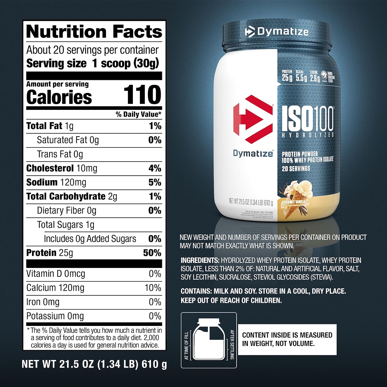 Dymatize ISO100 Hydrolyzed Whey Protein Gourmet Vanilla 20 Servings 1.3 Lb (590 G) - 25g Protein for Muscle Growth & Recovery