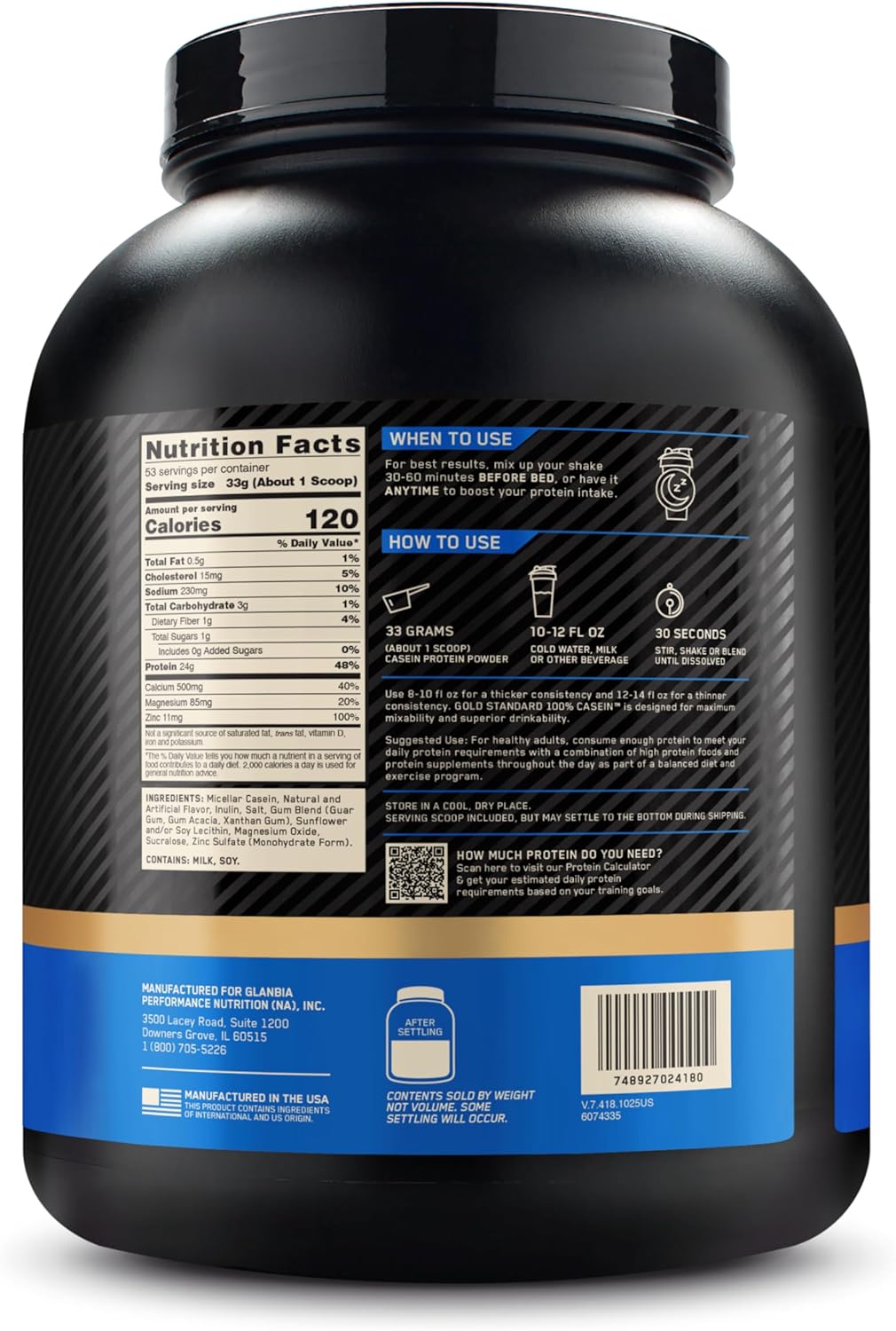 Optimum Nutrition Gold Standard 100% Casein Creamy Vanilla 3.86 Lb (1.75 Kg) For Overnight Muscle Recovery