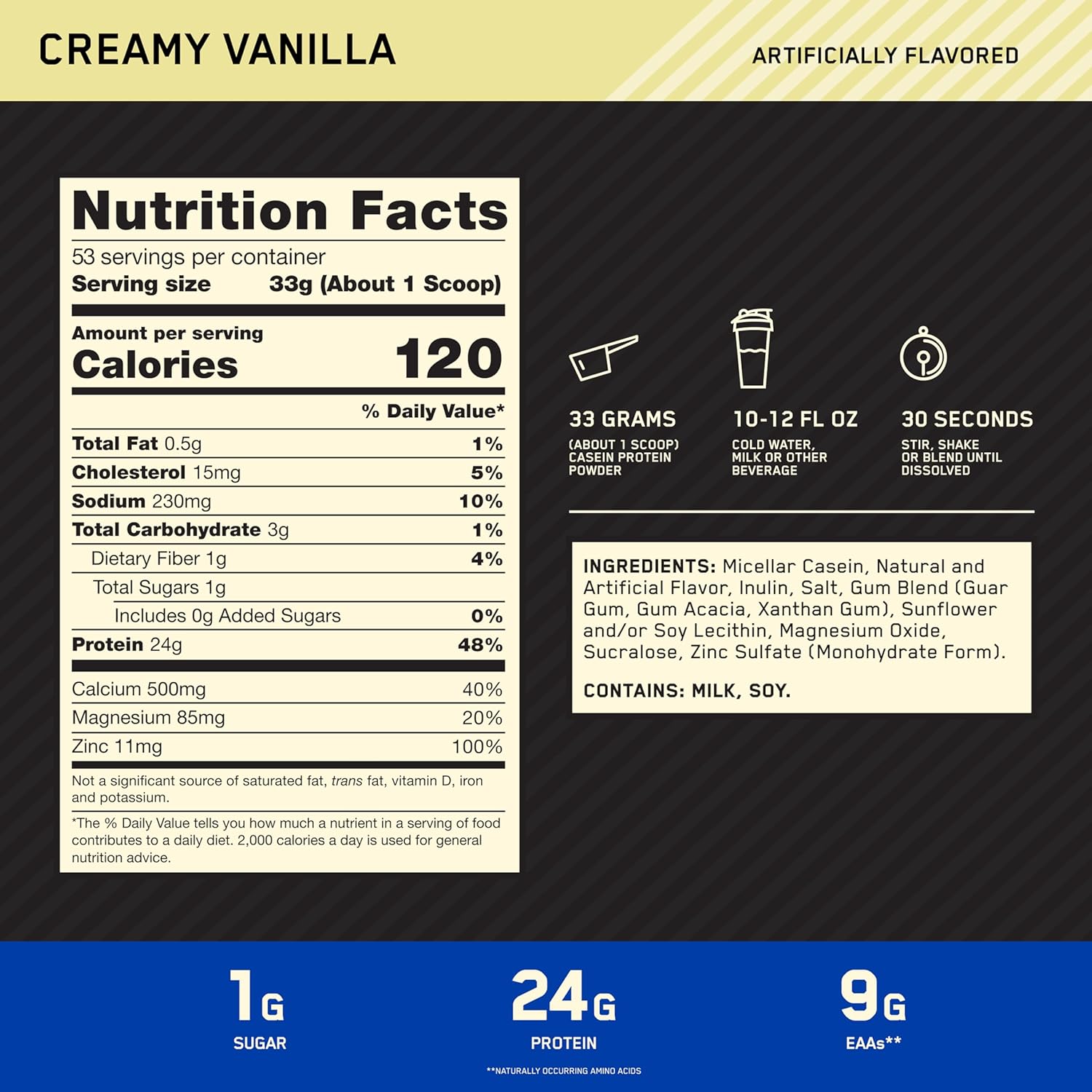 Optimum Nutrition Gold Standard 100% Casein Creamy Vanilla 3.86 Lb (1.75 Kg) For Overnight Muscle Recovery