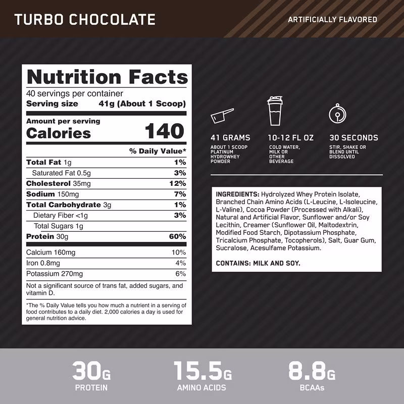 Optimum Nutrition Platinum HydroWhey Turbo Chocolate 3.61lb (1.64kg) for Rapid Muscle Recovery, Lean Muscle Growth & Strength