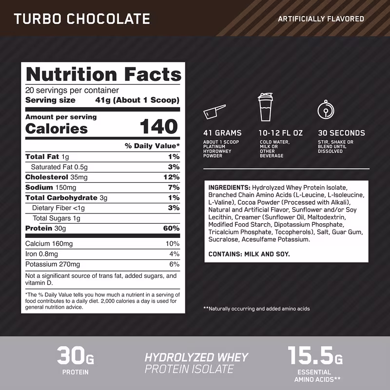 Optimum Nutrition Platinum HydroWhey Turbo Chocolate 1.75lb (795g) for Rapid Muscle Recovery, Lean Muscle Growth & Strength