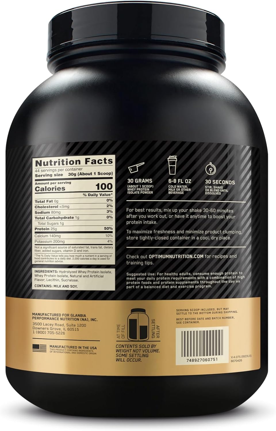 Optimum Nutrition Gold Standard 100% Isolate Vanilla 2.91 Lb (1.32 Kg) For Fast-absorbing Lean Muscle Recovery