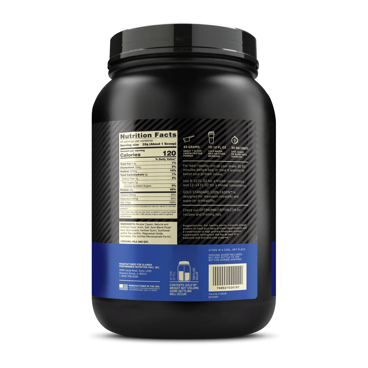 Optimum Nutrition Gold Standard 100% Casein Creamy Vanilla 1.81lb (820g) With 24g Slow-release Protein & 5g Naturally Occurring Bcaas