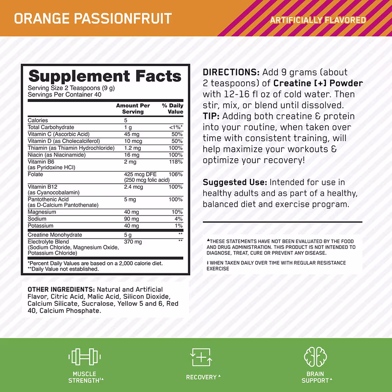 Optimum Nutrition Micronized Creatine Powder Orange Passionfruit 0.79lb (360g) With Creatine Monohydrate For Strength, Power & Muscle Performance