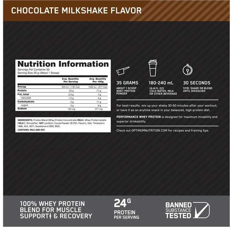 Optimum Nutrition Performance Whey Chocolate Milkshake 1.75kg – 24g Protein For Muscle Support & Recovery