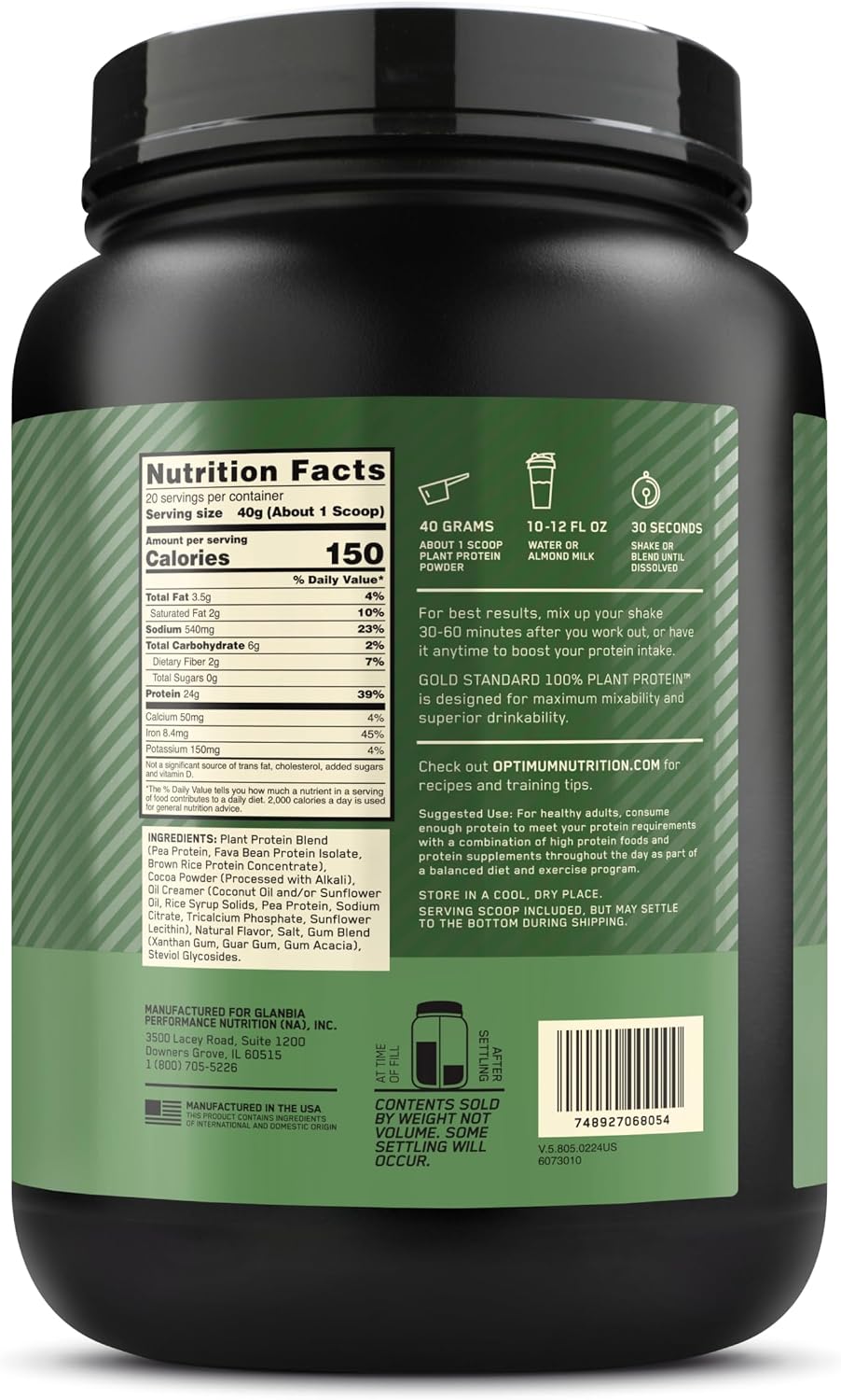 Optimum Nutrition Gold Standard 100% Plant Protein Rich Chocolate Fudge 1.76lb – 24g Vegan Protein + 9 Eaas