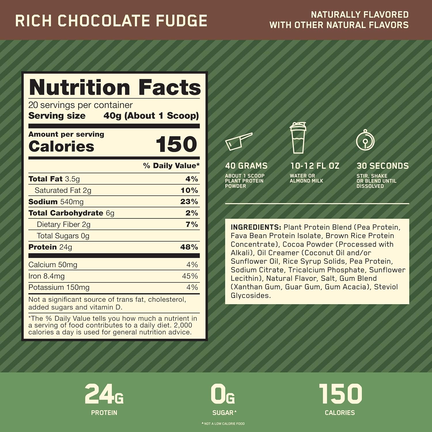Optimum Nutrition Gold Standard 100% Plant Protein Rich Chocolate Fudge 1.76lb – 24g Vegan Protein + 9 Eaas