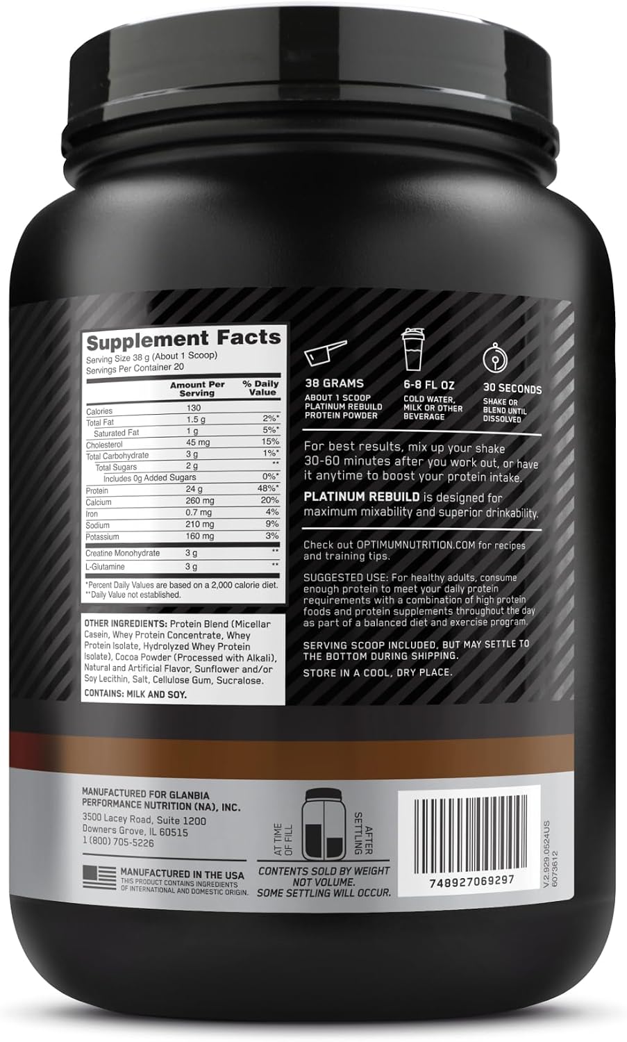Optimum Nutrition Platinum Rebuild Protein Dark Chocolate 1.67lb – 24g Protein + Creatine & Glutamine For Recovery