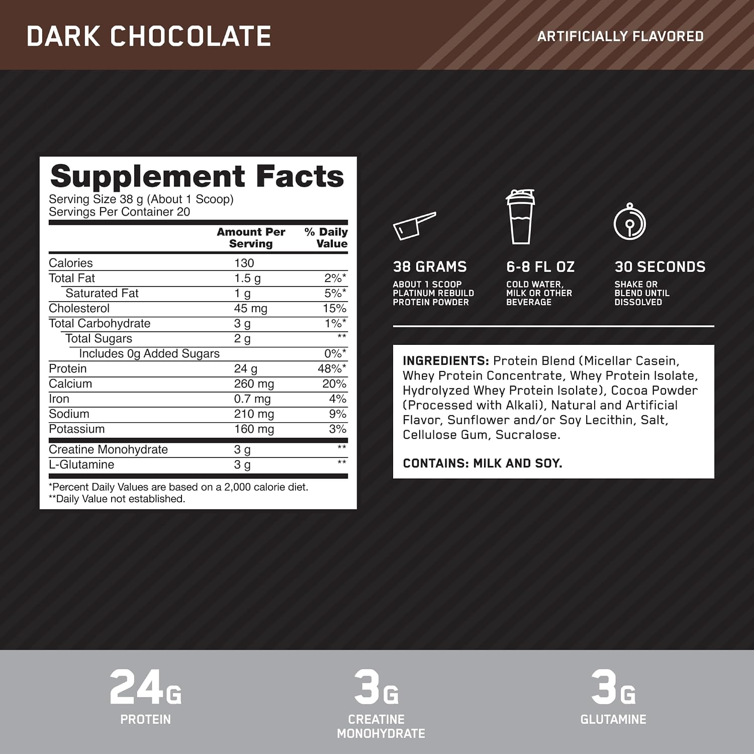 Optimum Nutrition Platinum Rebuild Protein Dark Chocolate 1.67lb – 24g Protein + Creatine & Glutamine For Recovery