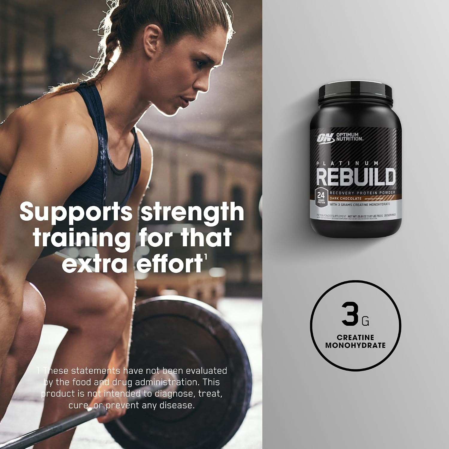 Optimum Nutrition Platinum Rebuild Protein Dark Chocolate 1.67lb – 24g Protein + Creatine & Glutamine For Recovery