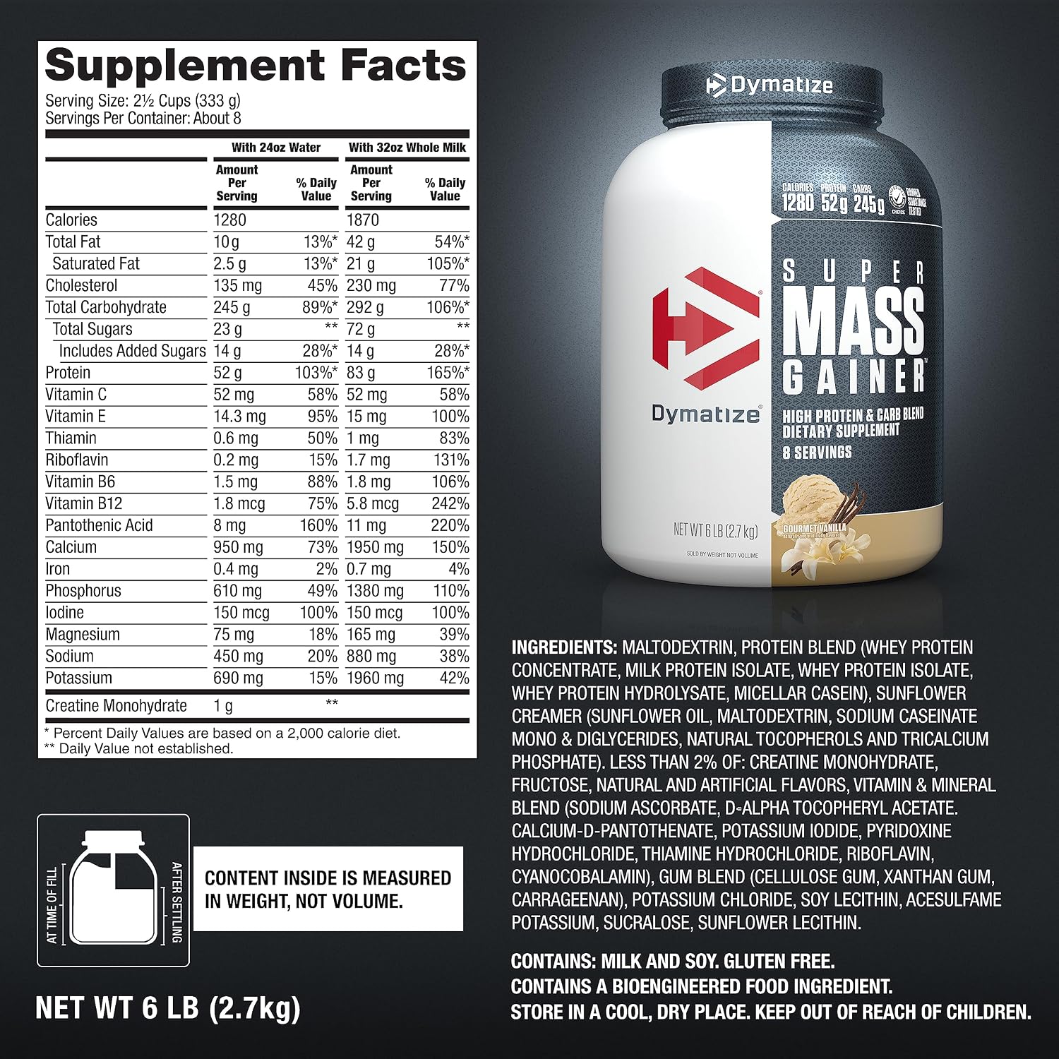 Dymatize Super Mass Gainer Gourmet Vanilla 8 Servings 6lb (2.7kg) – 52g Protein & 1280 Calories For Muscle Mass & Weight Gain Support