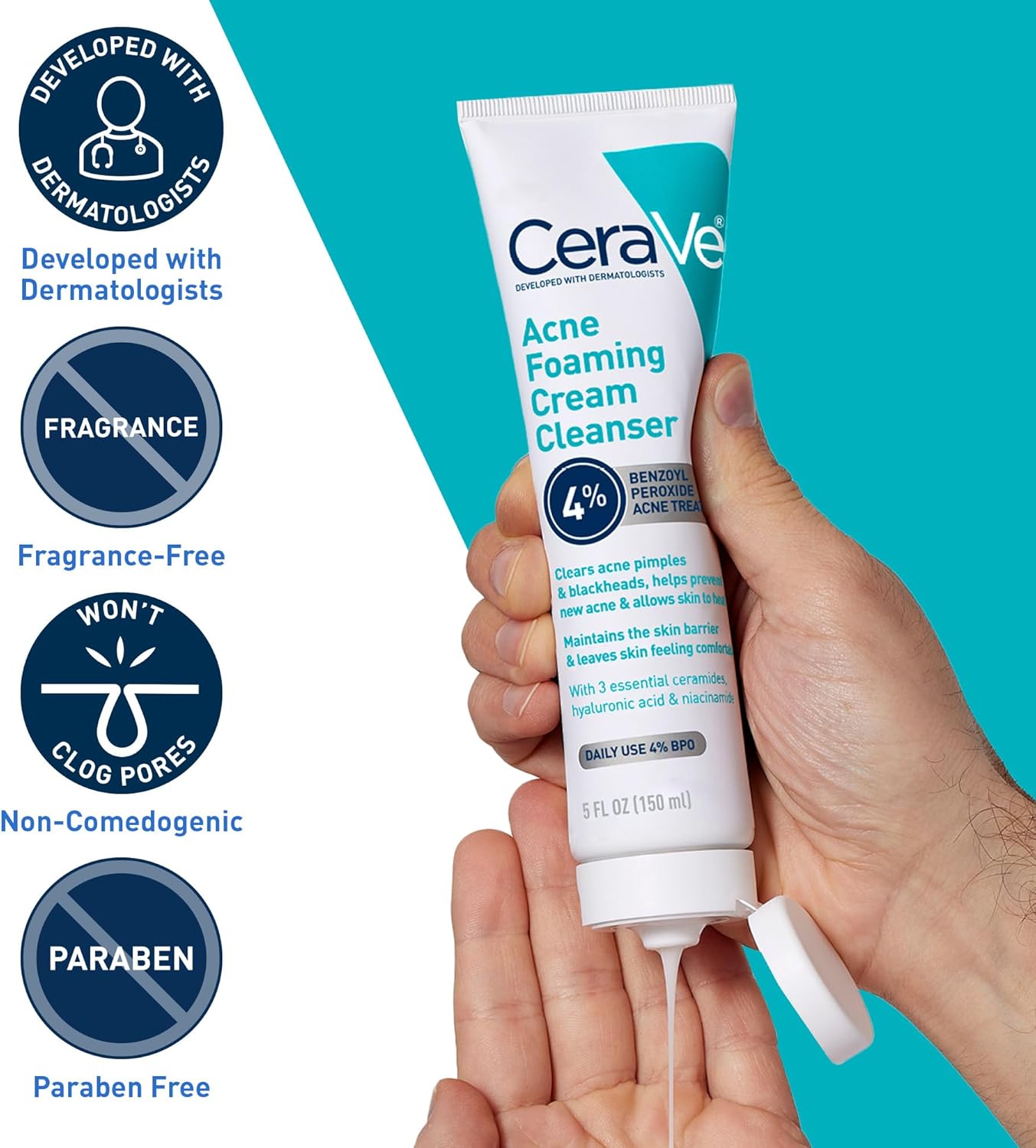 Cerave Acne Foaming Cream Cleanser 4% Benzoyl Peroxide 150ml – Helps Clear Acne & Prevent Breakouts