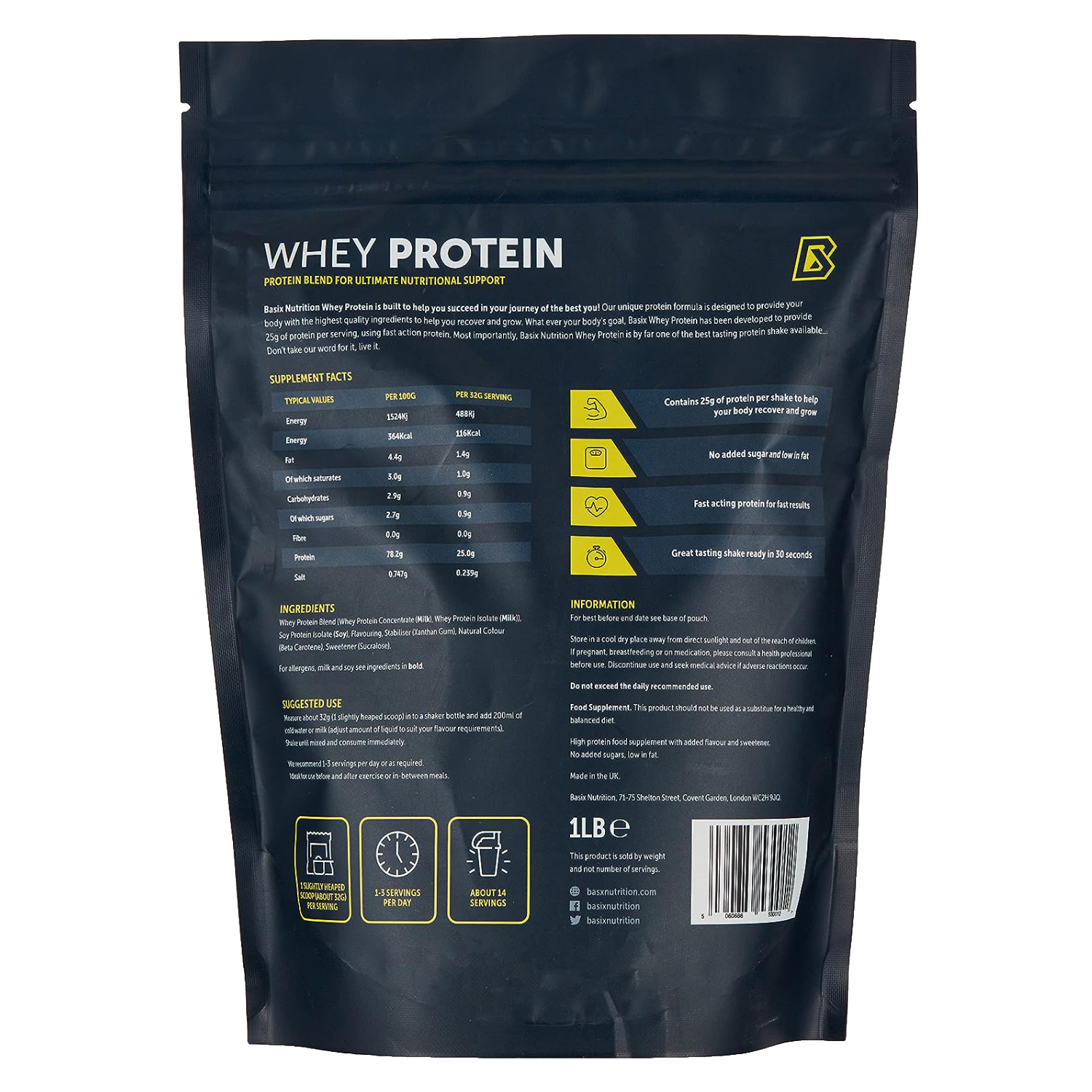 Basix Whey Protein Strawberry Swirl 1lb With 24g Protein & Bcaas For Muscle Recovery