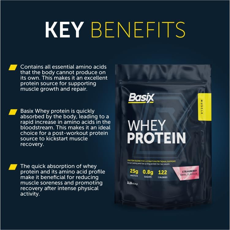 Basix Whey Protein Strawberry Swirl 1lb With 24g Protein & Bcaas For Muscle Recovery