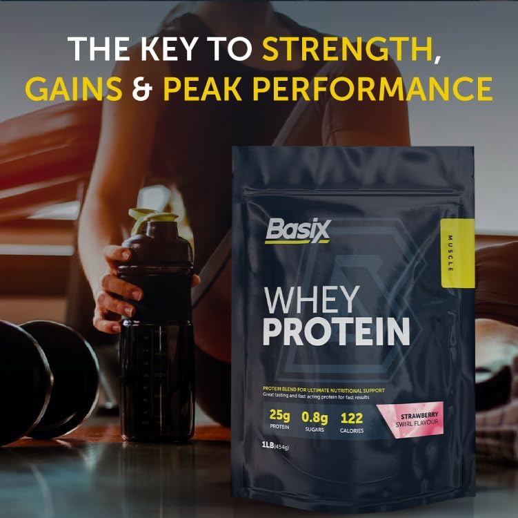 Basix Whey Protein Strawberry Swirl 1lb With 24g Protein & Bcaas For Muscle Recovery