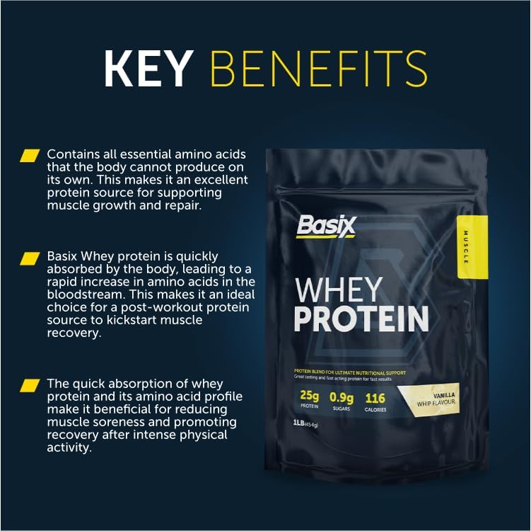 Basix Whey Protein Vanilla Whip 1lb With 24g Protein & Bcaas For Muscle Recovery