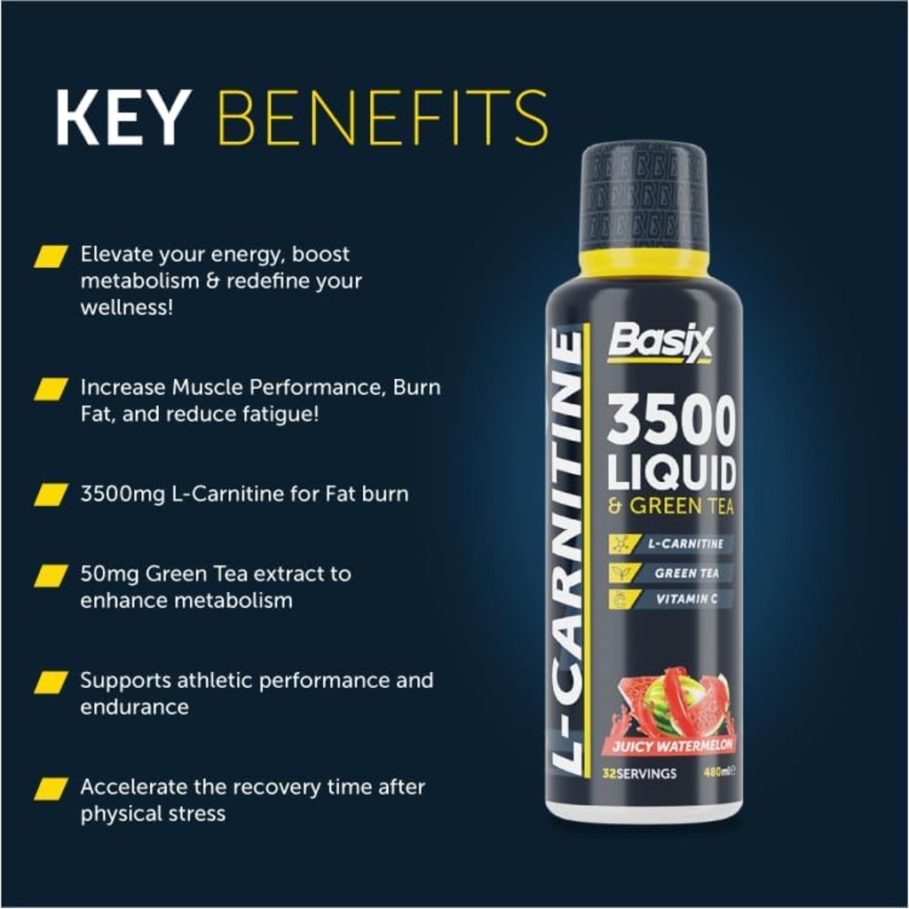 Basix L-carnitine + Green Tea Liquid Juicy Watermelon 3500mg 480ml For Fat Metabolism & Energy Support
