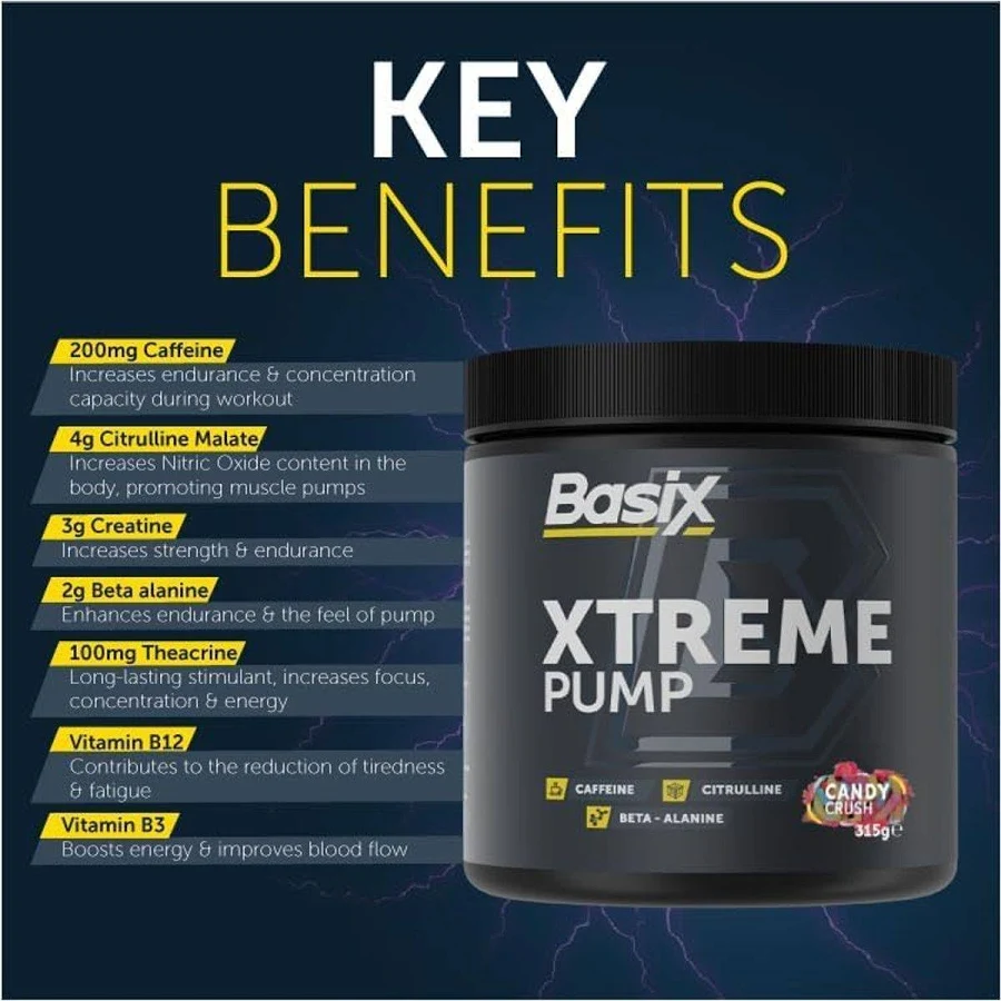 Basix Xtreme Pump Pre-workout Candy Crush 330g For Energy, Focus & Muscle Pump