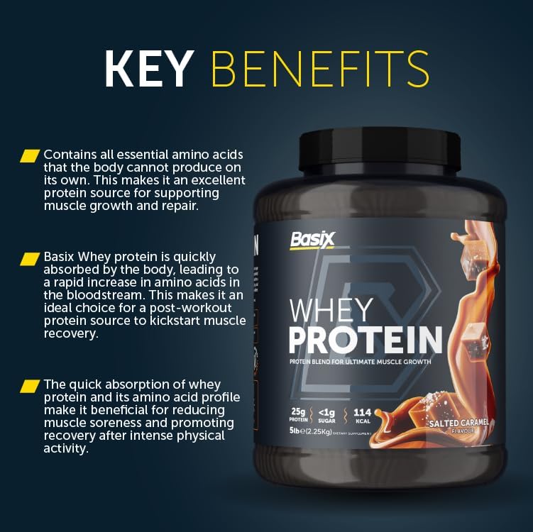 Basix Muscle Whey Protein Salted Caramel 5lb (2.25 Kg)  – 25g Protein For Muscle Growth & Recovery