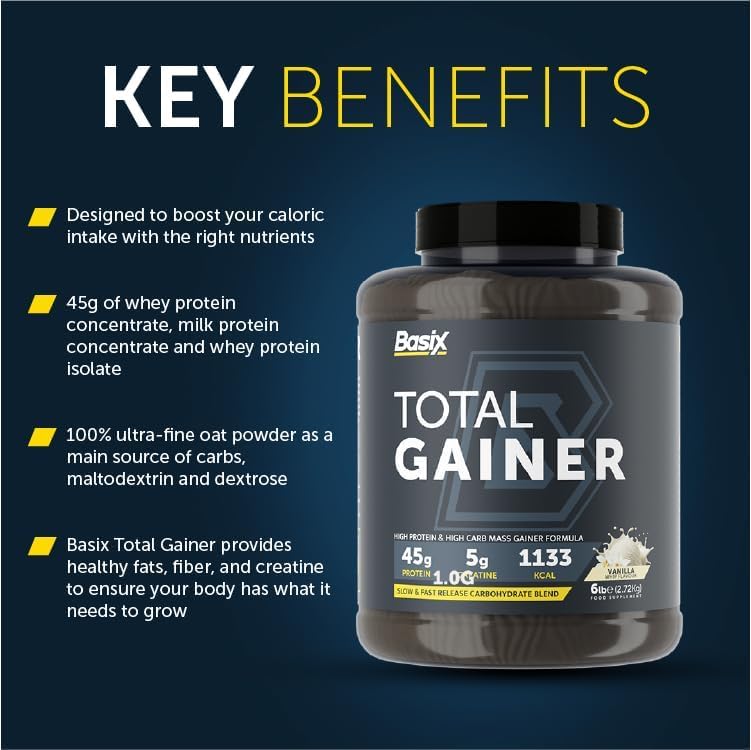 Basix Total Gainer Vanilla Whip 6lb (2.72 Kg)  – 45g Protein For Mass & Strength Gain