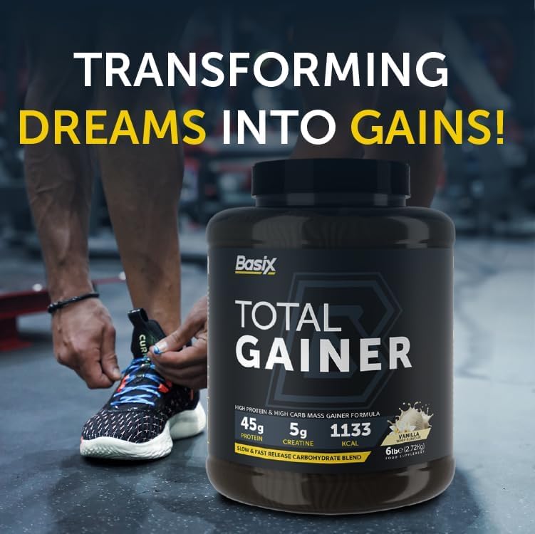 Basix Total Gainer Vanilla Whip 6lb (2.72 Kg)  – 45g Protein For Mass & Strength Gain