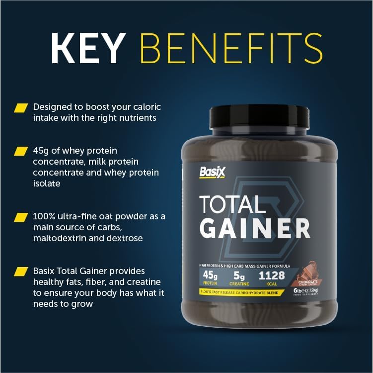 Basix Total Gainer Chocolate Chunk 6lb (2.72 Kg) – 45g Protein For Mass & Strength Gain