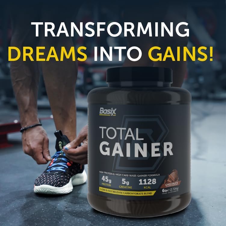 Basix Total Gainer Chocolate Chunk 6lb (2.72 Kg) – 45g Protein For Mass & Strength Gain