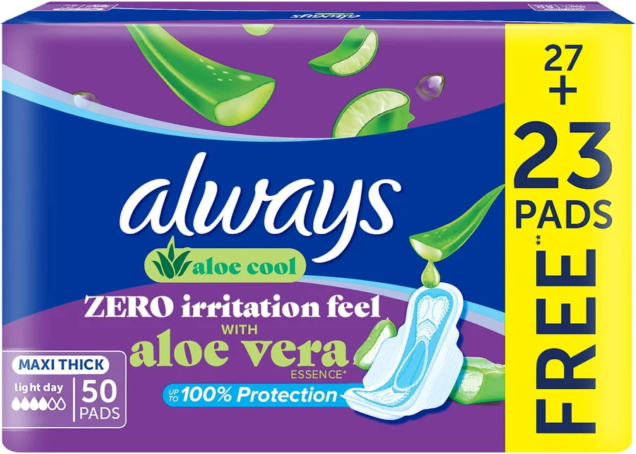 Always Maxi Thick Aloe Cool Long Sanitary Pads 50 Pads For Overnight Protection