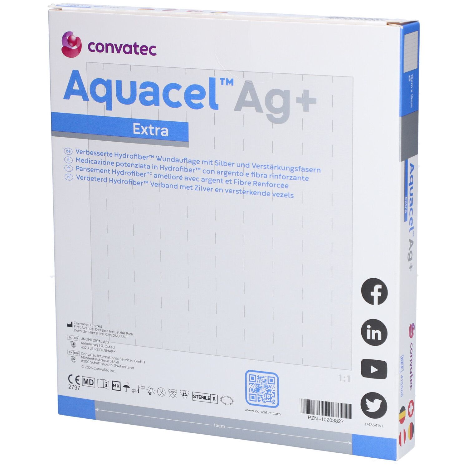 Aquacel Ag Extra Antimicrobial Hydrofiber Dressing, 15x15cm, Pack Of 5