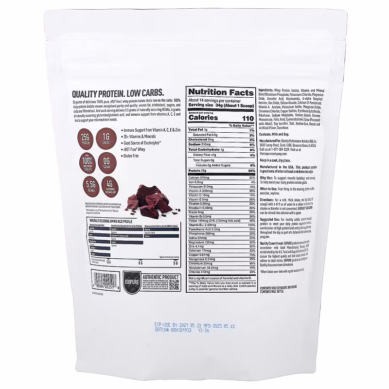 Isopure Low Carb 100% Pure Whey Protein Isolate Dutch Chocolate 1lb (454g) With 25g Protein For Lean Muscle Recovery & Strength