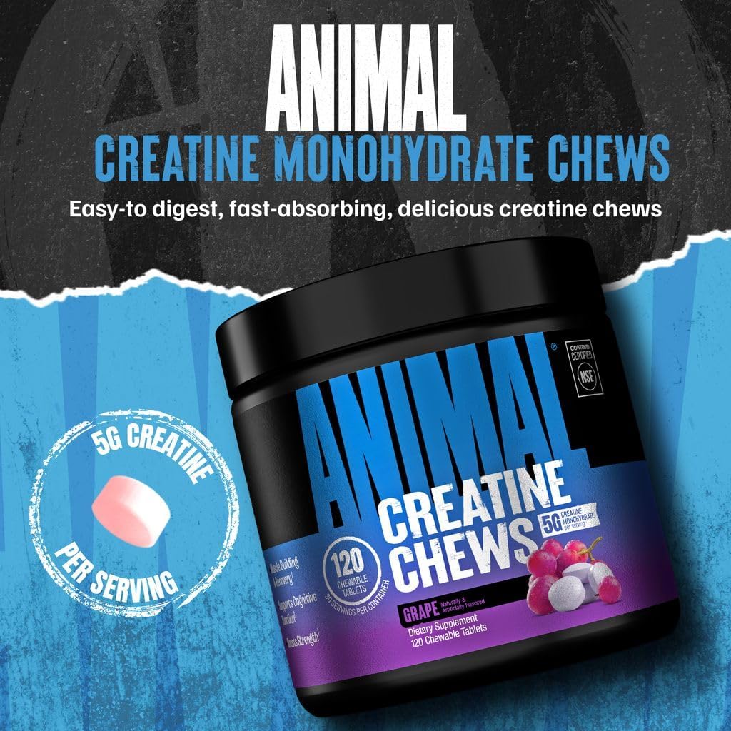 Universal Nutrition Animal Creatine Chews Grape 120 Chews With Creatine Monohydrate For Strength, Power & Muscle Performance