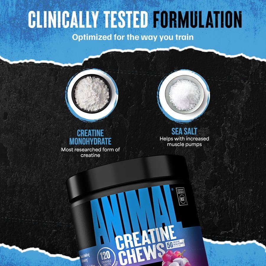 Universal Nutrition Animal Creatine Chews Grape 120 Chews With Creatine Monohydrate For Strength, Power & Muscle Performance