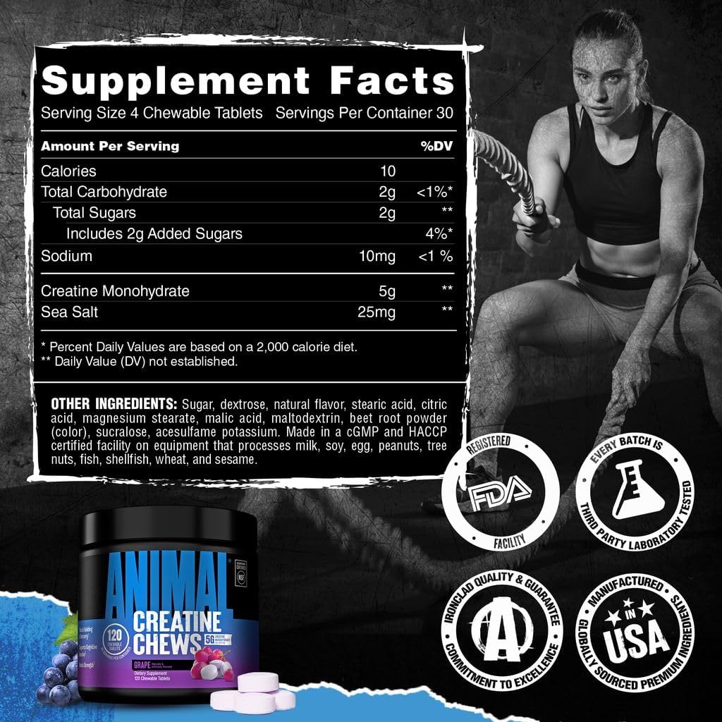 Universal Nutrition Animal Creatine Chews Grape 120 Chews With Creatine Monohydrate For Strength, Power & Muscle Performance